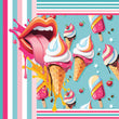 Ice-cream graphic by Studio Bilby depicting big lips and a tongue licking an ice-cream cone. Turquoise coloured background with a pattern of ice-creams and cherries.