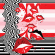 Kissable design by Studio Bilby, depicting 7 red lips in a puckered kissing position against a black and white background.