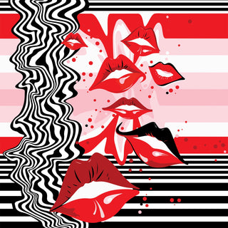 Kissable design by Studio Bilby, depicting 7 red lips in a puckered kissing position against a black and white background.