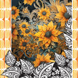 Sunflower graphic created by  Studio Bilby, depicting a cluster of sunflowers on a dark background within a frame of black and white Polynesian style leaves.