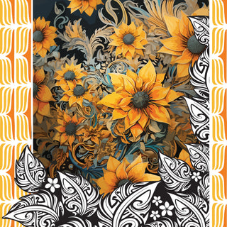 Sunflower graphic created by  Studio Bilby, depicting a cluster of sunflowers on a dark background within a frame of black and white Polynesian style leaves.