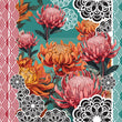 Graphic by Studio Bilby of waratah flowers on a teal coloured backdrop, surrounded by black and white mandala art flowers.