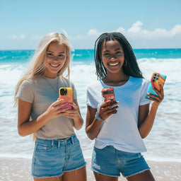 Friends on the beach holding tough phone cases by Studio Bilby