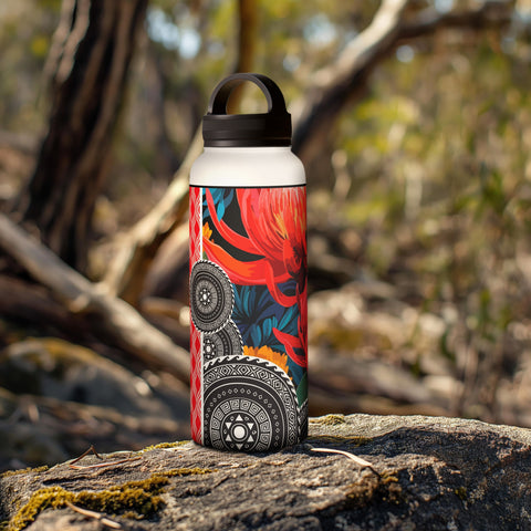 Large handle lid water bottle with Banksia design.