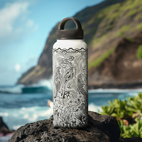 Large handle lid water bottle with mermaid black design