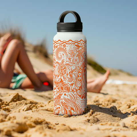 Large handle lid water bottle with ocean orange design