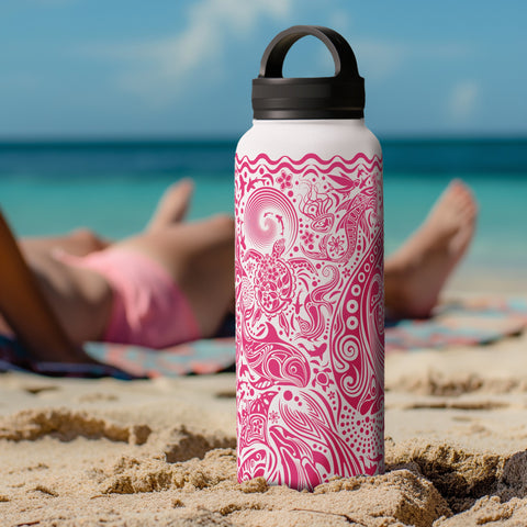 Large handle lid water bottle with ocean pink design