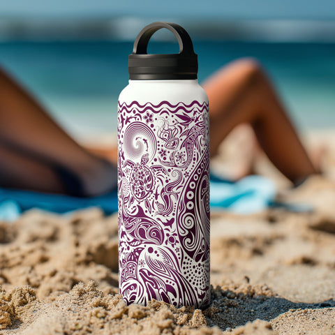 Large handle lid water bottle with ocean purple design