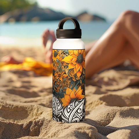 Large handle lid water bottle with sunflower design