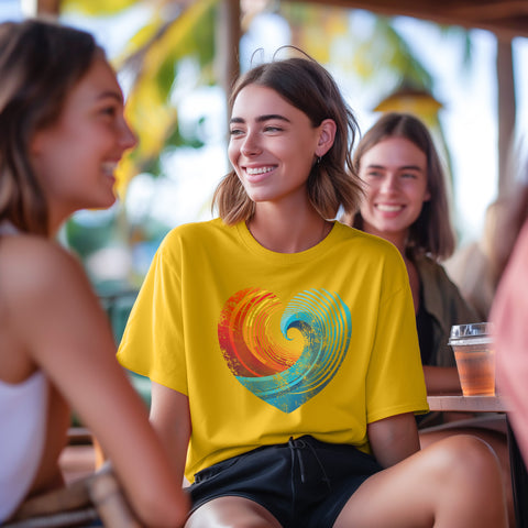 Sunset Wave Yellow T-Shirt with Heart Graphic