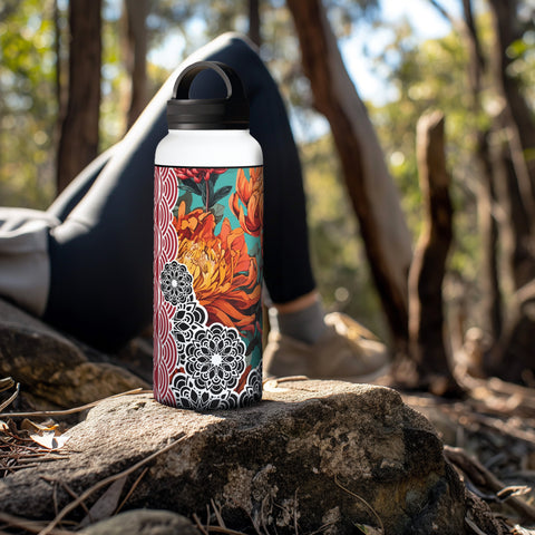 Large handle lid water bottle with waratah design